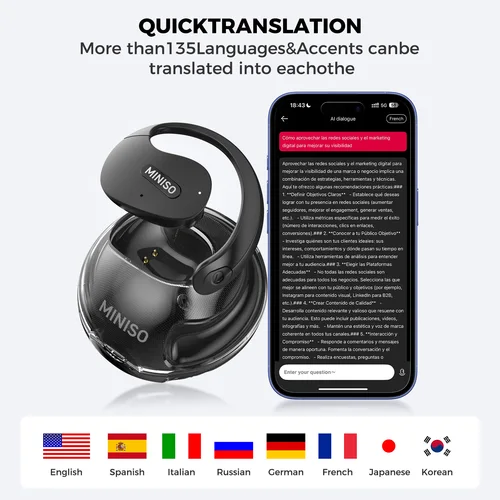 Imagen 2 del producto Traductor MINISO X15Pro 5,4 auriculares Bluetooth auriculares de traducción auriculares inalámbricos viajes de oficina, aplicación de auriculares ASMR