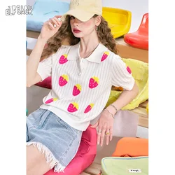 ELFSACK 2024 summer new arrival Three-dimensional strawberry pink Polo collar casual versatile cute style short-sleeved knitted