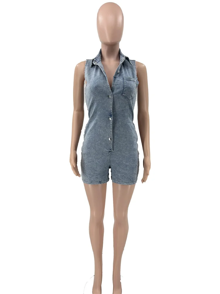 Wmstar Women Denim Jumpsuit  Casual Solid  Fashion Button Sleeveless Waist Shorts Streetwear Romper Wholesale Dropshipping 2024