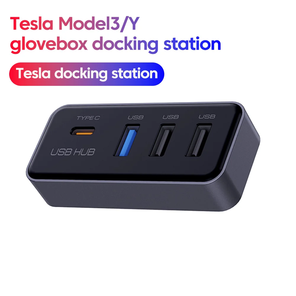 4 In 1 USB Hub Docking Station For Tesla Model3/Y Glovebox Plug Play Dash Cam Game Controller USB-C Extension Adapter