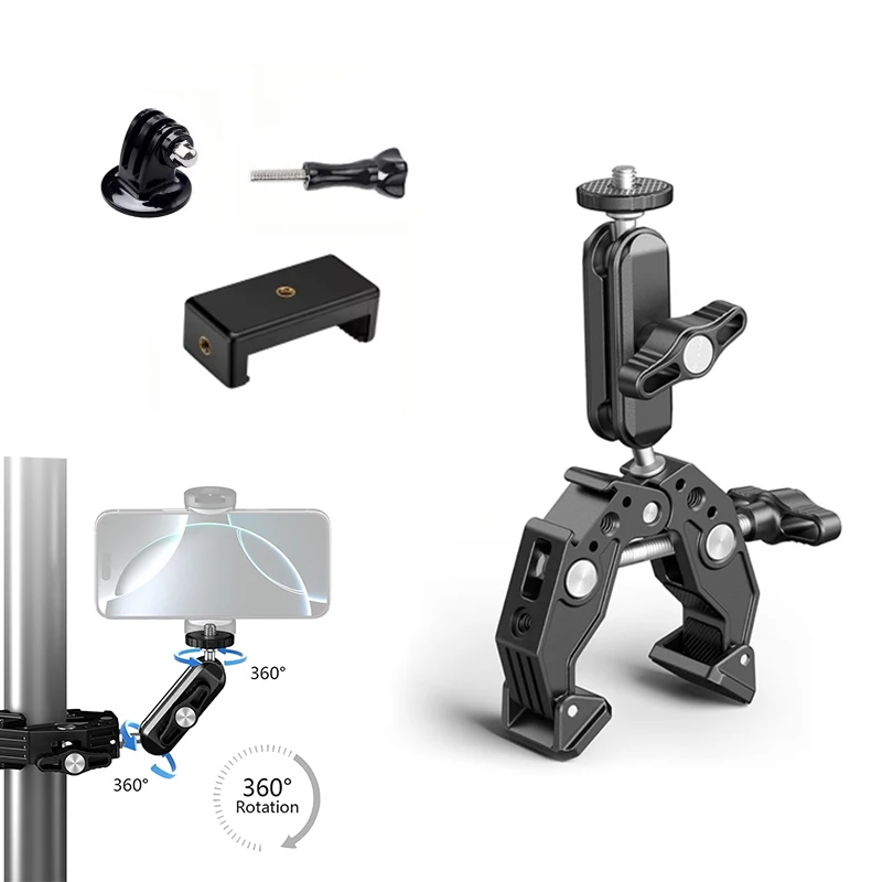 360 °   Drehbare Universal-Klemmhalterung mit 1/4-Zoll-Gewinde für Handykameras, Fahrradstangen-Clip für GoPro Action-Kameras und Smartphones