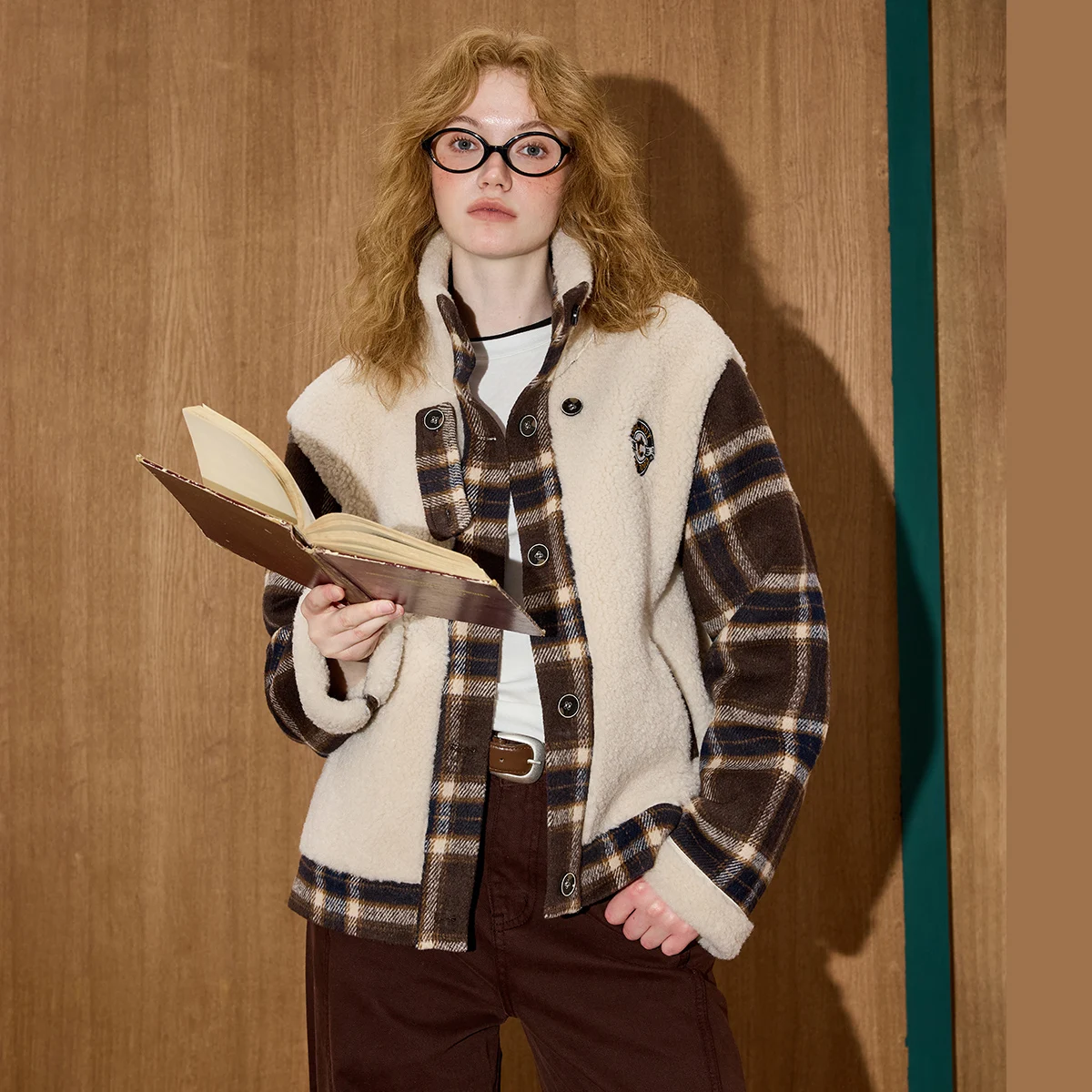 

Coolhut Plaid Patchwork Sherpa Jacket Winter Fleece Lined Oversize Coat Indie Designer Quilted Parka Textural Contrast Outerwear