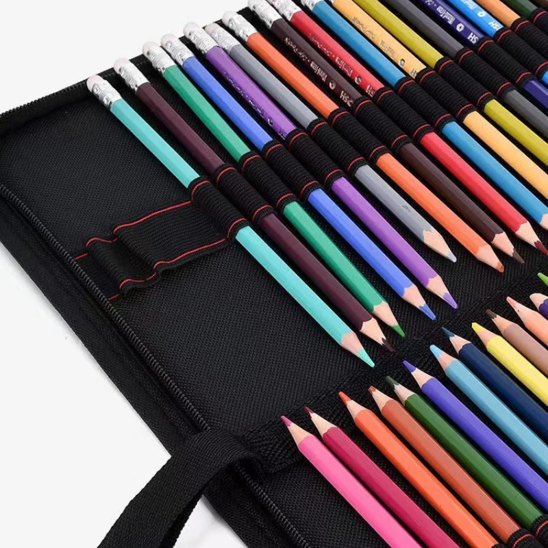 36/48/72/120 Hole Folding Zipper Black Canvas Bag Marker Pens Special Pencil Bag Large Capacity Storage Bag Student Stationery