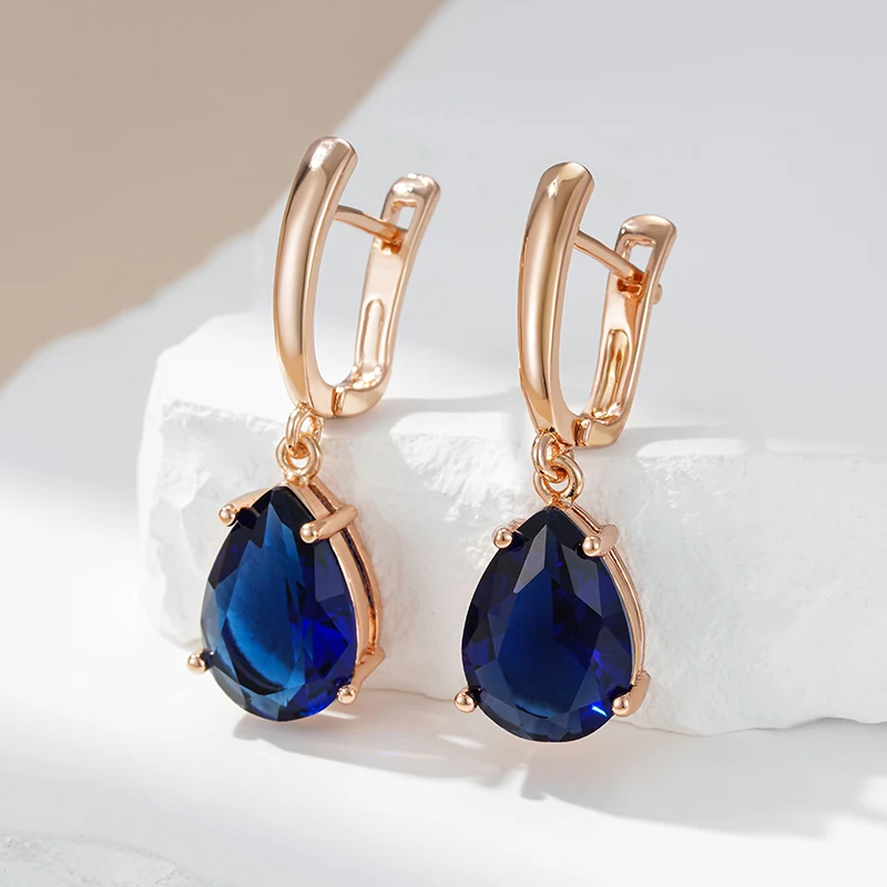 Kinel New Water Drop Dark Blue Long Dangle Earrings for Women 585 Rose Gold Color Natural Zircon Wedding Earrings Daily Jewelry