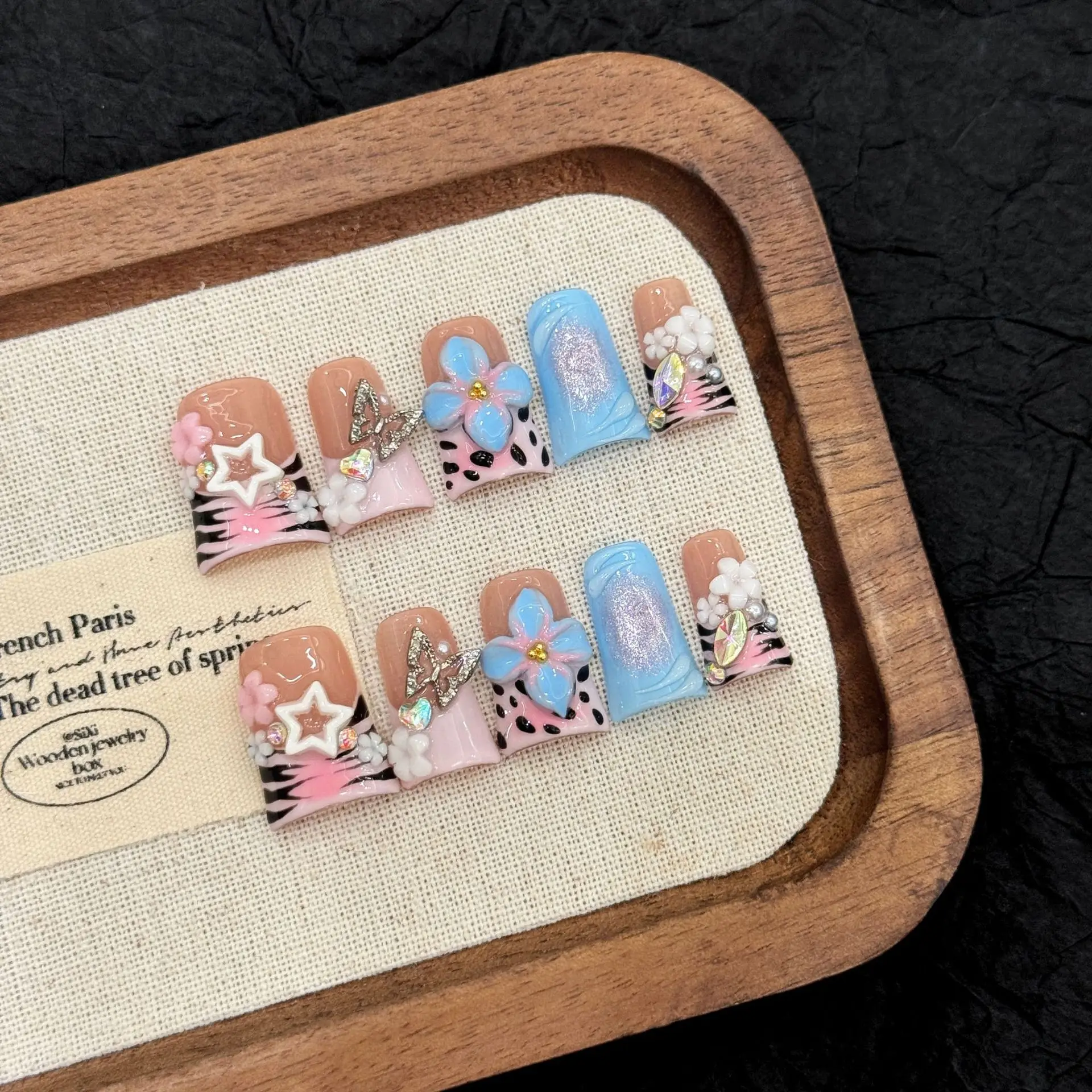 10pcs Pure Hand Pressed Duck Nail Art,Nice Fake Nails,Pink-Blue With Leopard-print Butterfly Flower Stars,Ideal For Women