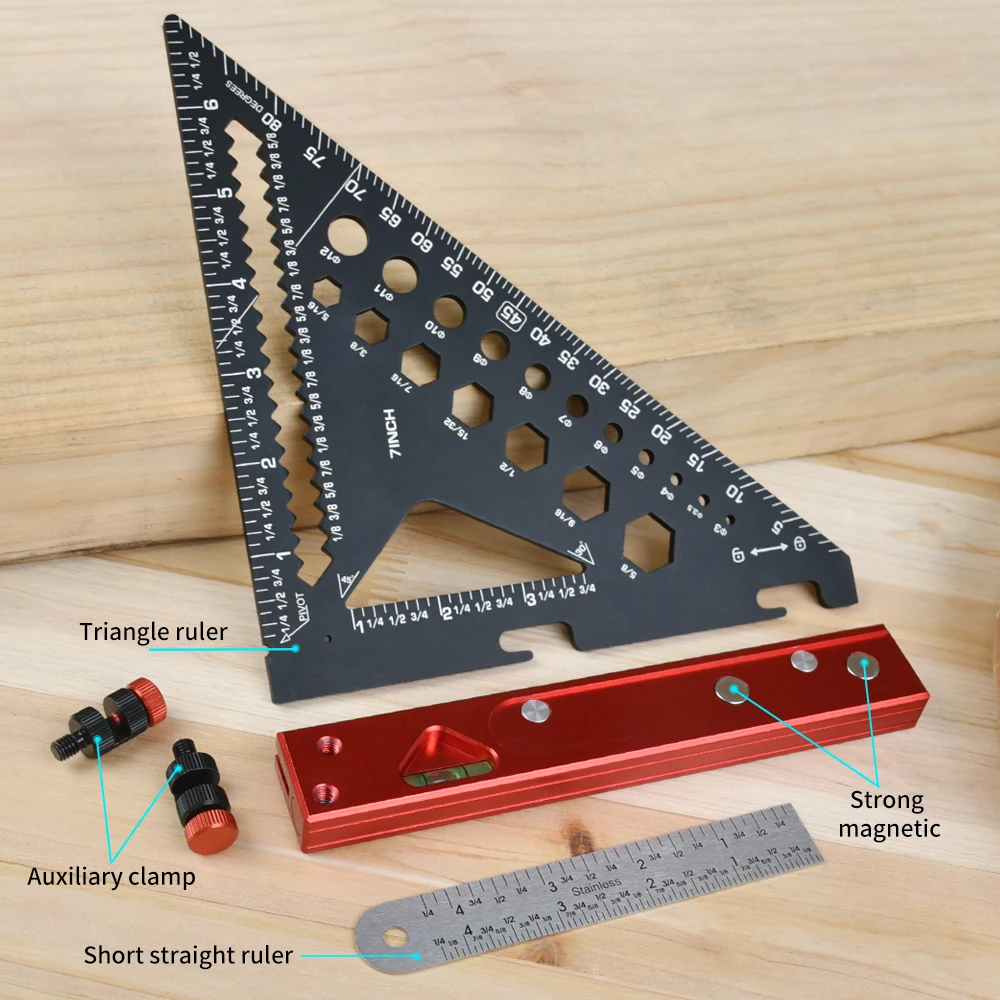 ไม้บรรทัดสามเหลี่ยมพร้อมคลิปเสริมและฐานที่ถอดออกได้