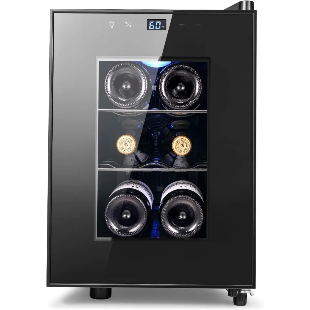 

Wine Fridge, 6 Bottles Wine Cooler Refrigerator, Freestanding Mini Fridge with Digital Temperature Control & Double-layer Glass