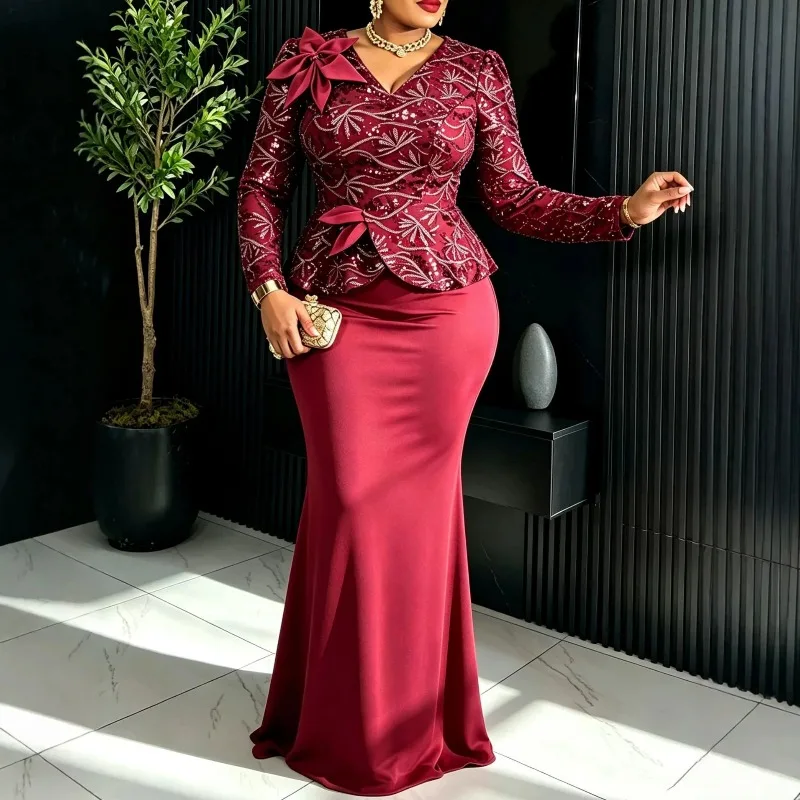 Elegant Dashiki African Party Evening Dresses for Women Autumn African Long Sleeve V-neck Polyester Long Maxi Bodycon Dresses