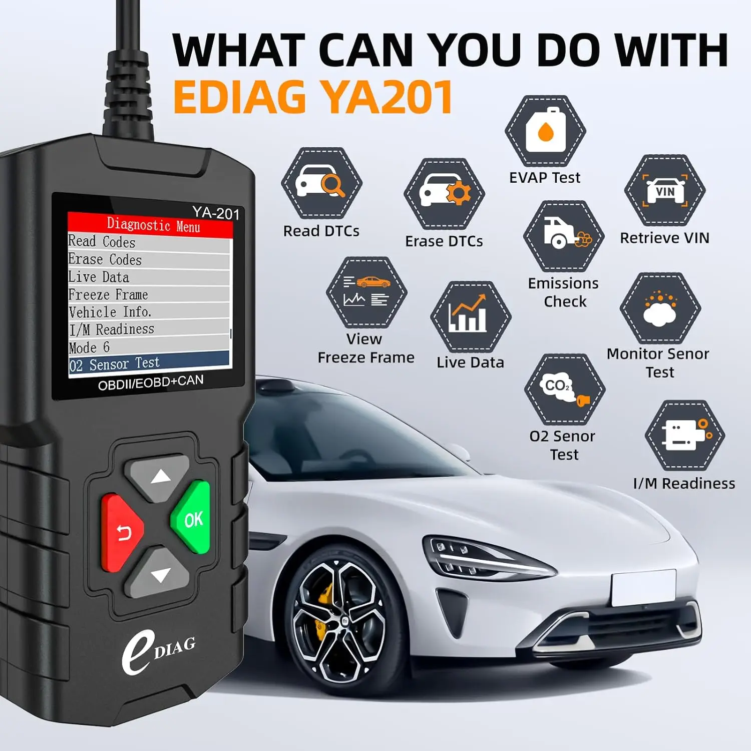 YA-201 Obd2 الماسح الضوئي طرق Obd2 الكاملة تحقق قارئ رمز المحرك 1996 + obdii/EOBD/KOBD/CAN سيارات بث البيانات المباشرة التوصيل اللعب #5