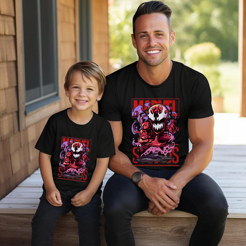 Marvel Hero Print T-shirt Dad and kids Cotton Short Sleeve Family Matching Outfits Black Top Father and Son Outfit