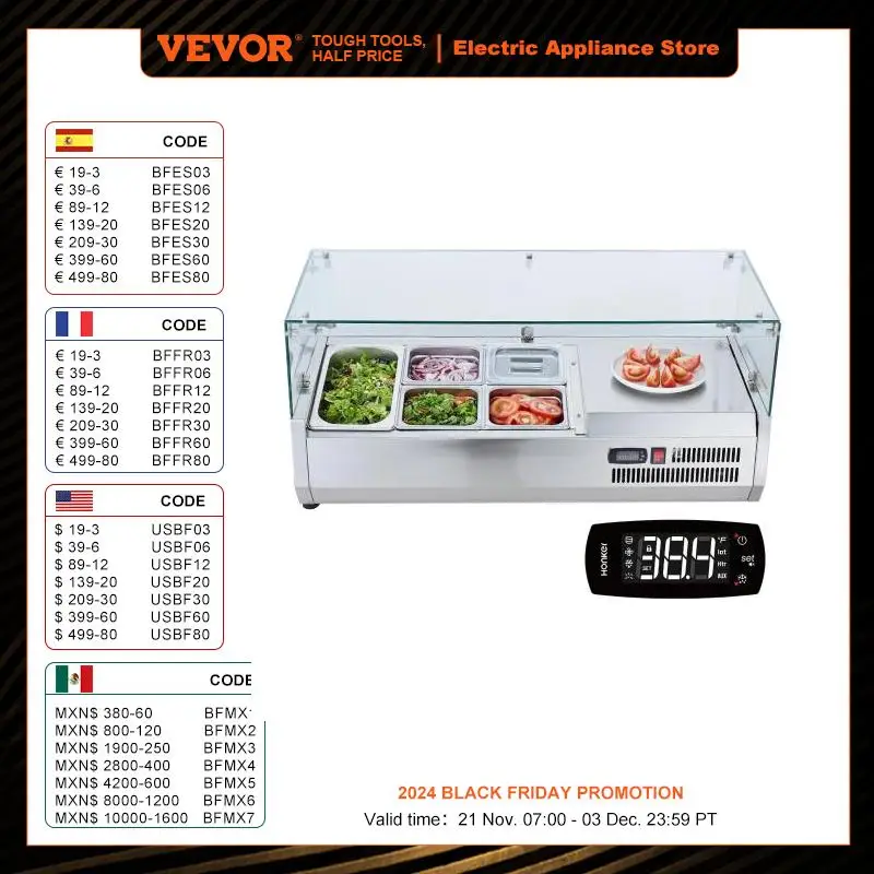 VEVOR Refrigerated Condiment Prep Station 130W with 1 1/3 Pan & 4 1/6 Pans 304 Stainless Body and PC Lid with Glass Guard ETL