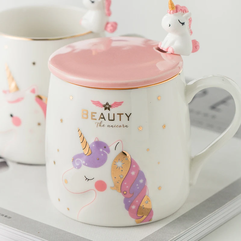 Unicorn Mug with Lid and Spoon, Creative Ceramic Water Cup, Coffee Milk and Breakfast Cup