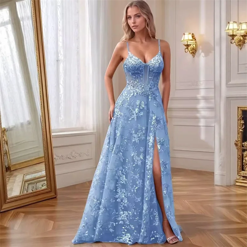 A Line Sexy Sequined Lace V Neck Evening Bridesmaid Dresses Wedding Party Formal Prom Birthday Cocktail Floor Length Corset