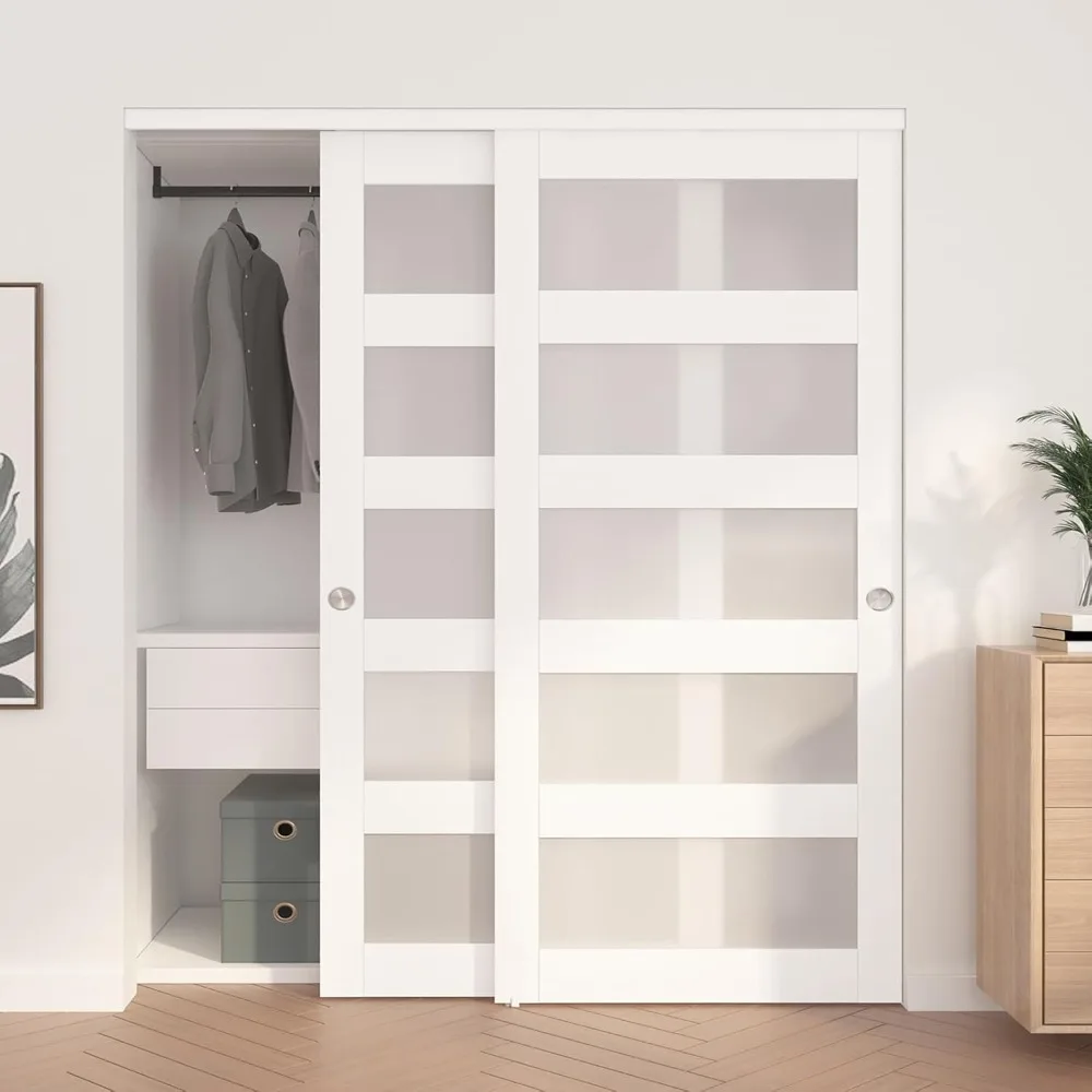 Sliding Closet Door  Frosted Glass Bypass Door with Hardware Kit & Matching Fascia, Wood Slab Surface, Easy to Install, White