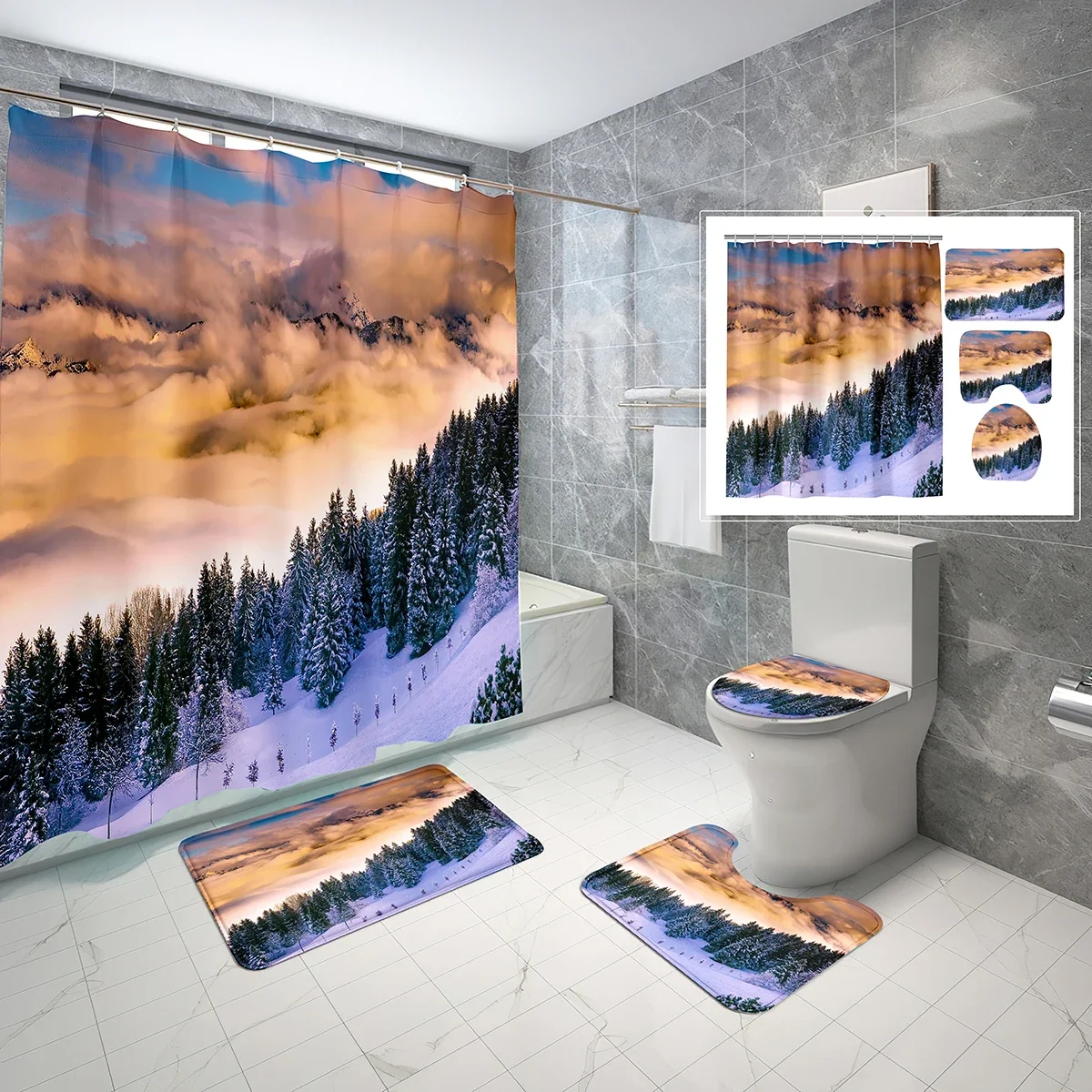 4 PCS Snow Shower Curtain Sets,Winter Snow Mountains Forest Sunrise Waterproof Bath Curtain,Non-Slip Bath Mat Toilet Cover Set