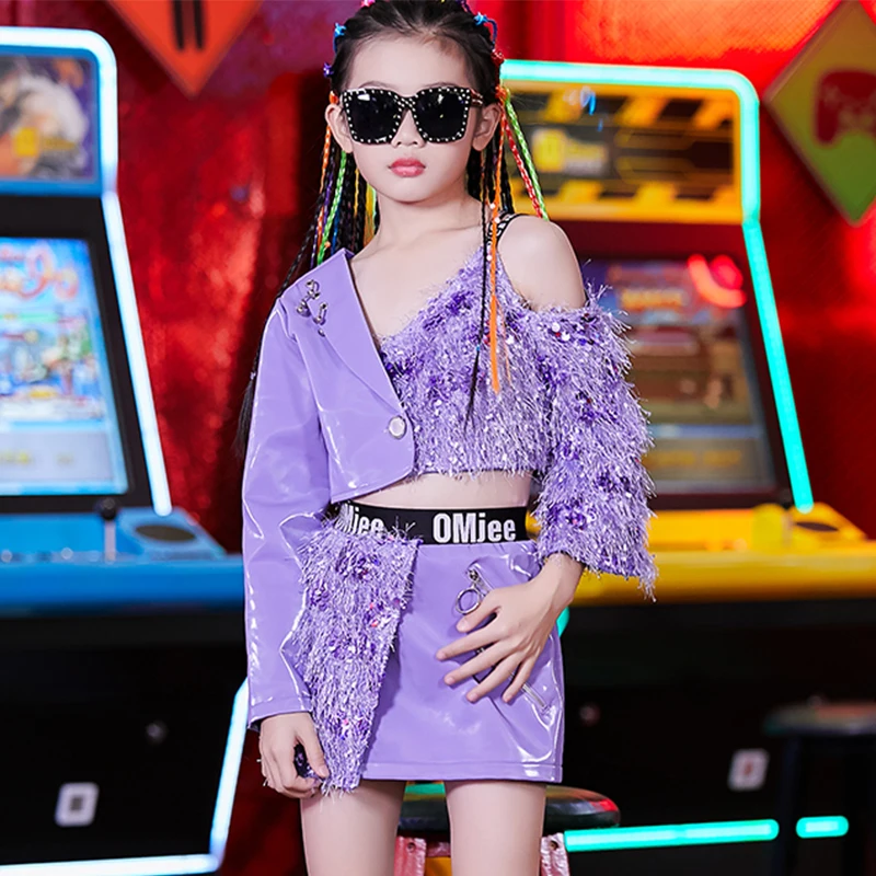 New Kids Hip Hop Dance Costumes Purple Tassel Set Girls Jazz Performance Clothing Children Modern Dancing Stage Outfit