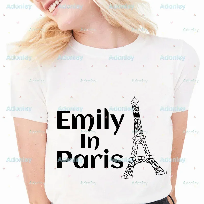 Emily In Paris Kawaii Printed Women White Basic Female O Neck Casual Ladies Tops Simply Cute Tees