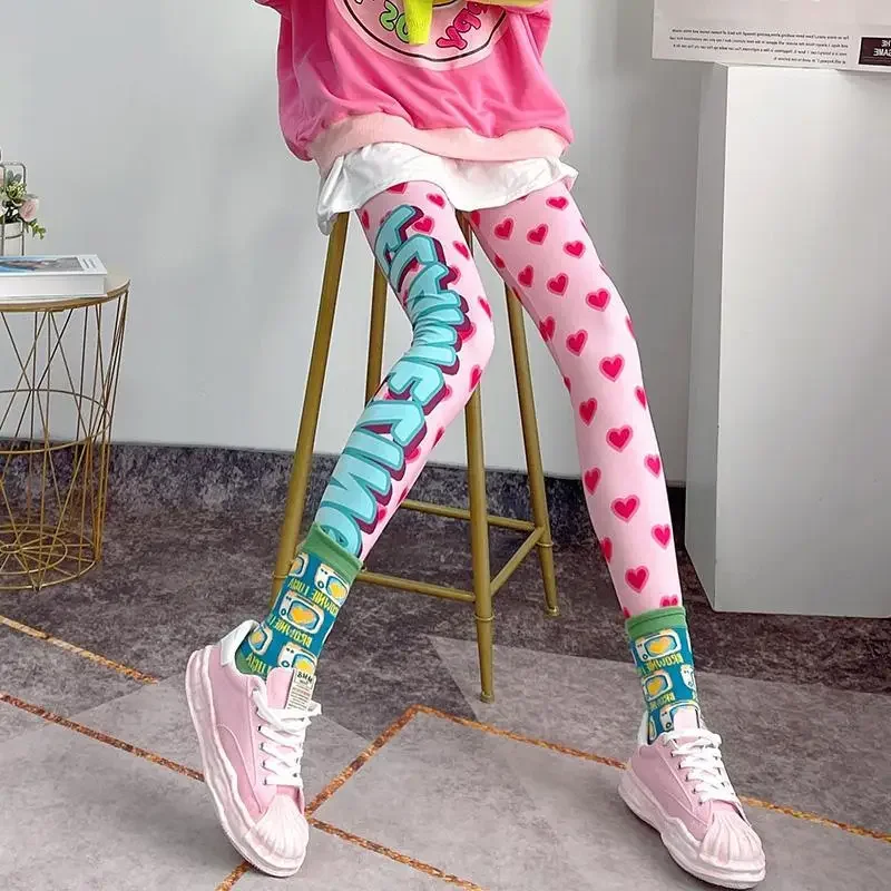 2022 Kawaii Autumn Women Leggings Fashion Pink Heart Print Girls Streetwear Elastic Pants Female Casual Y2K Sporty Yoga Clothes