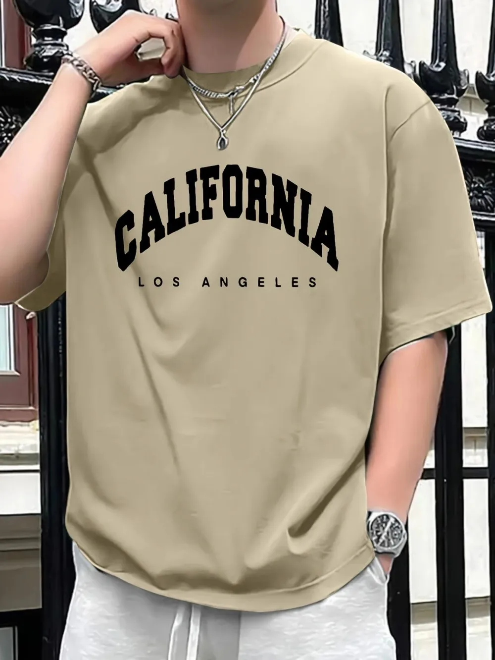 European and American Men's Summer Retro Los Angeles Letter Print Comfortable and Breathable Round Neck T-Shirt Outdoor Casual T