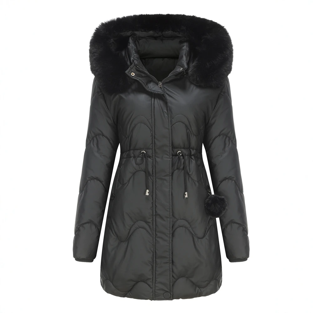 Women's Cotton-Padded Parka Coat Mid-Length Autumn Winter Warm Outerwear with Detachable Hat Wool Material
