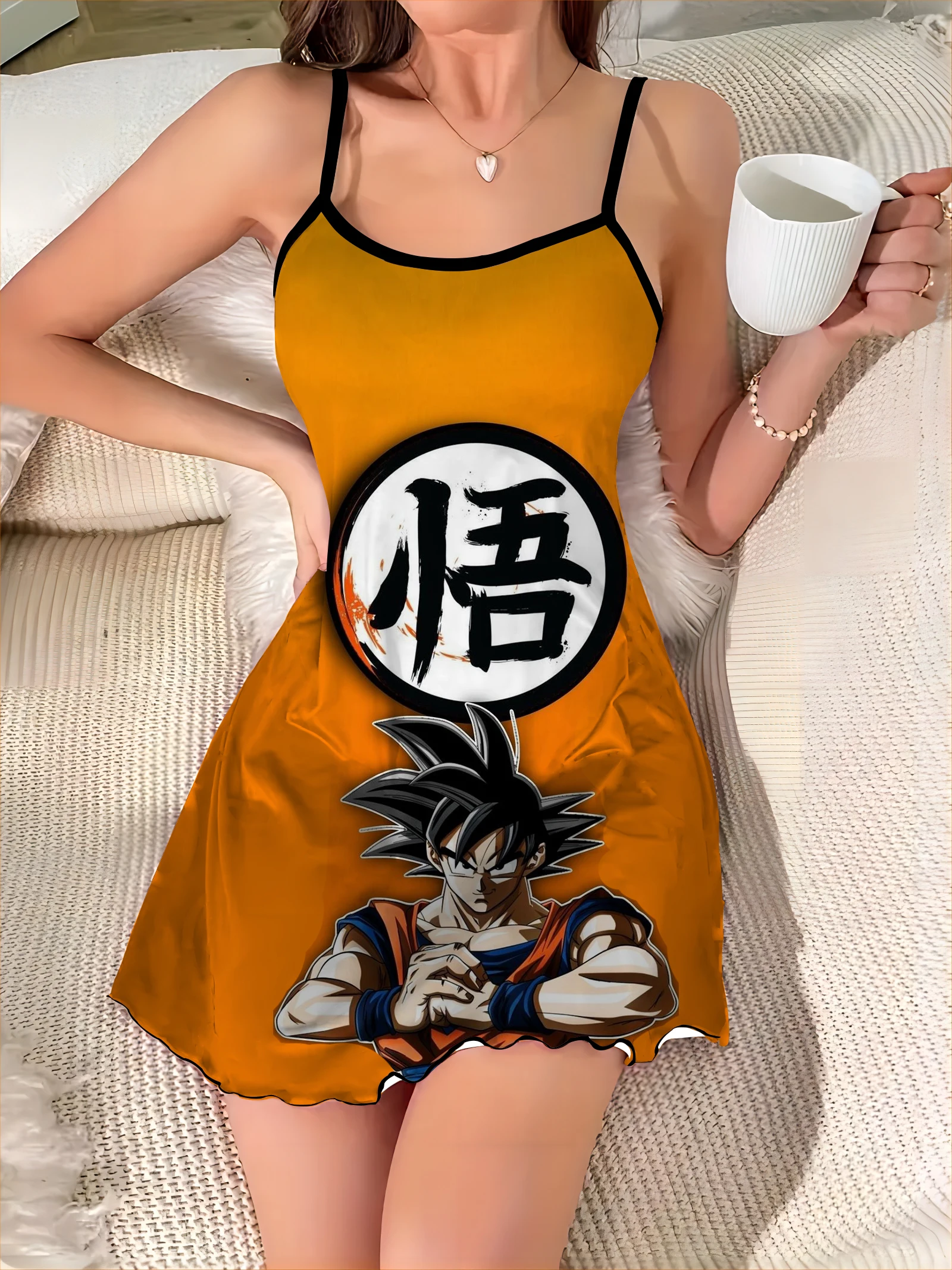 Son Goku Lettuce Trim Elegant Chic Dress Dragon Ball Crew Neck Satin Surface Fashion Summer Dresses 2024 Women's Mini Sexy Trim