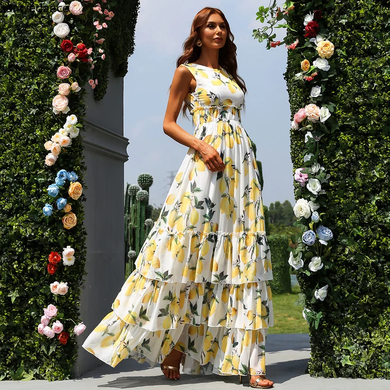 Boho Maxi ชุดชีฟองผู้หญิงจีบชุดชุดราตรีพิมพ์ Robe Longue Femme ใหม่มาถึง2022ผู้หญิงชุด