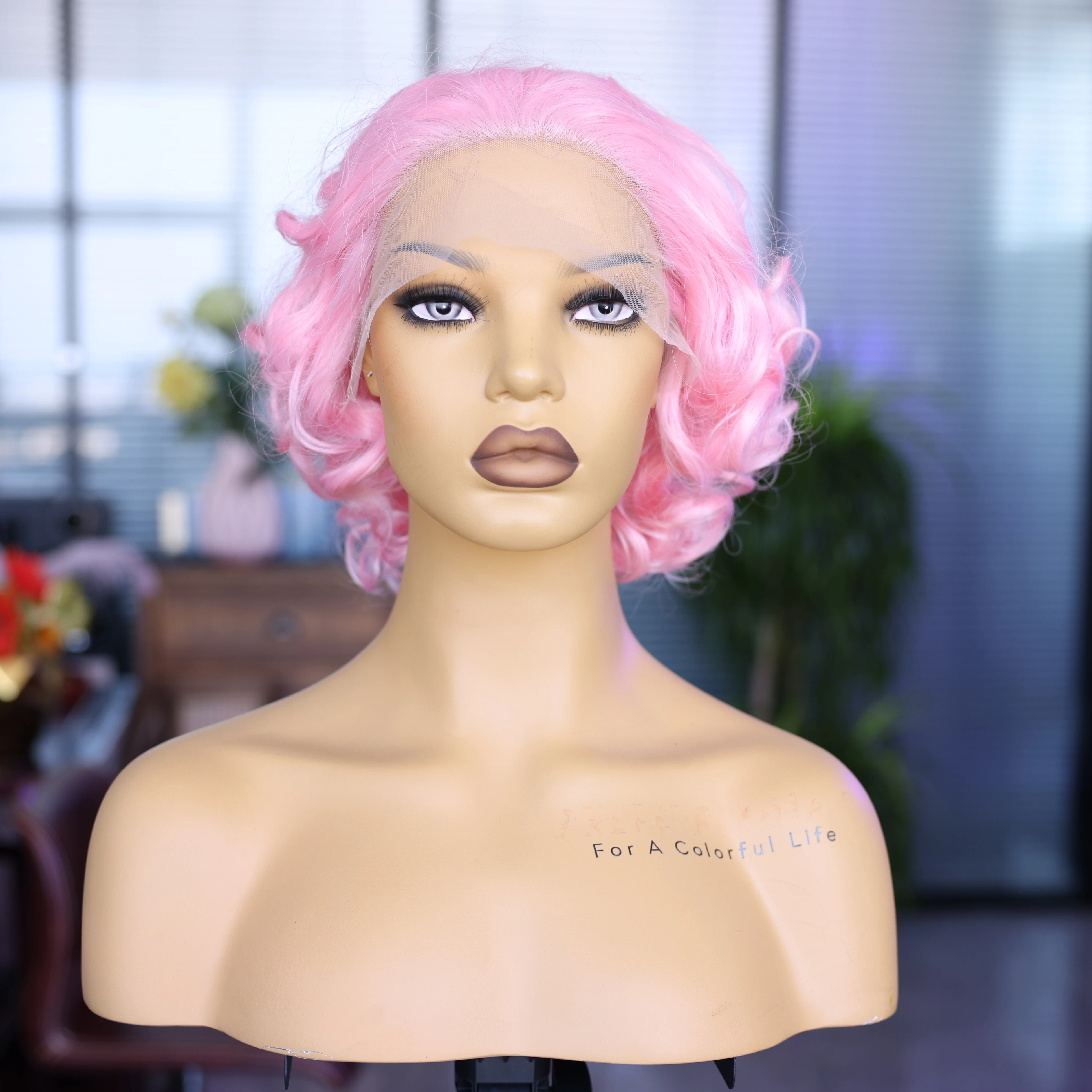 Pink Short Synthetic Wave Wig Natural Hangline Front Lace Mesh Cap Adjustable Elastic Wig Lightweight for Dating Travel Cosplay