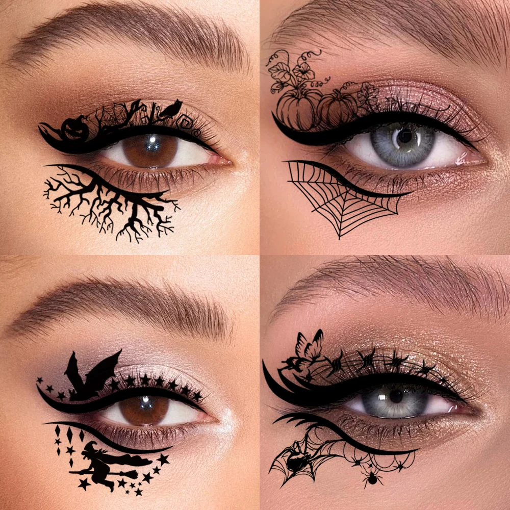 Autocollants de maquillage pour les yeux d'Halloween, Kit de remplacement de fard à paupières imperméable et amovible, fournitures de fête d'Halloween, Spide citrouille 12 pièces