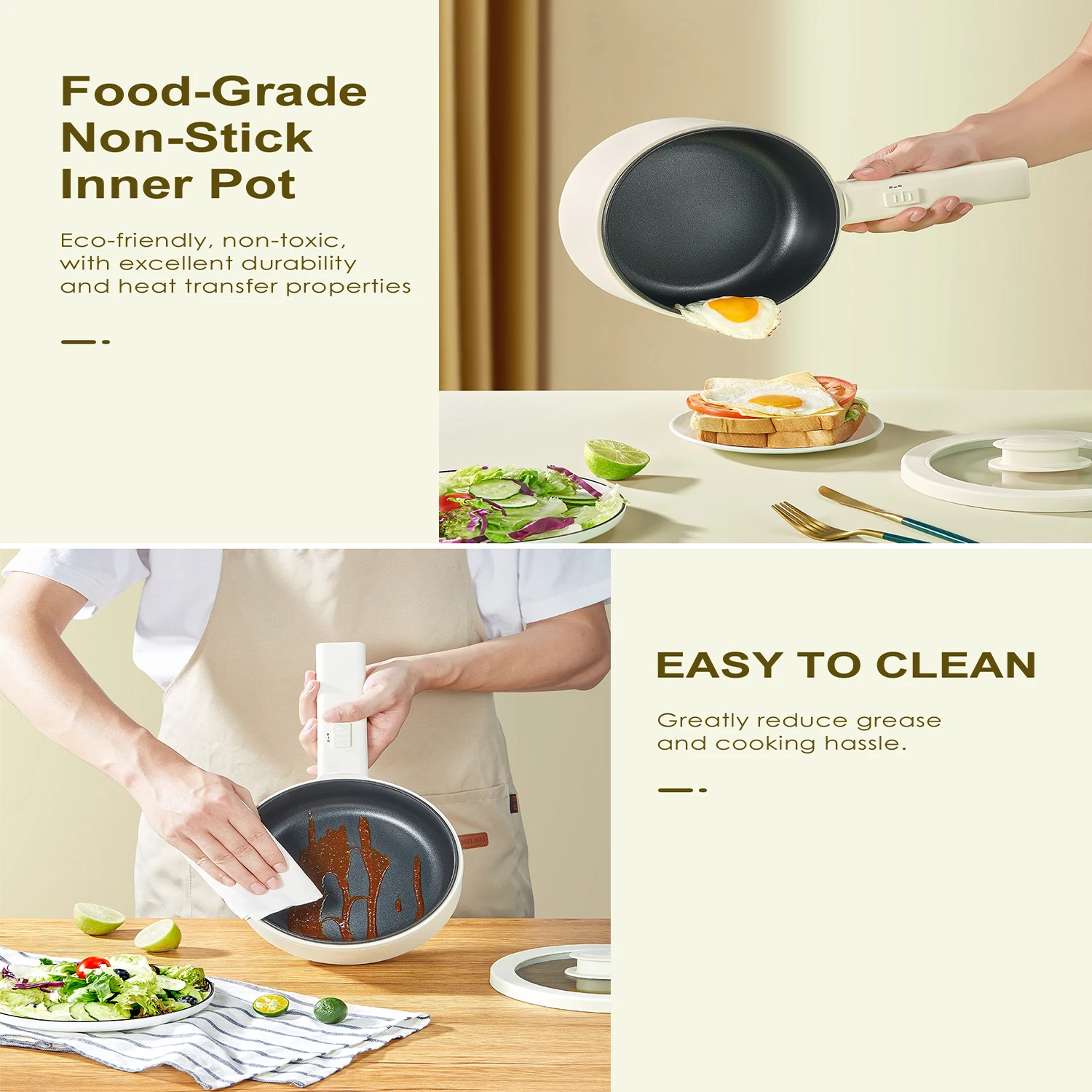 Hot Pot Electric With Steamer, 1.6L Ramen Cooker Non-Stick Sauté Pan for Steak, Egg, Fried Rice, Ramen, Oatmeal, Soup, Portable