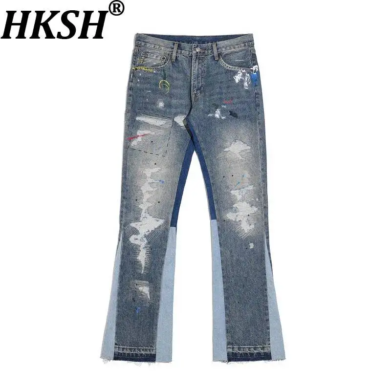 HKSH Spring New Men Tide Dark Punk Washed Retro Denim Pants Ripped Cat Whiskers Embroidery Print Ink Splash Flared Jeans HK24663