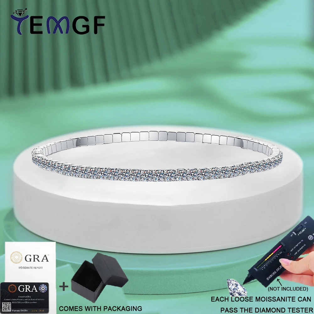 

TEMGF Full 2.5mm/3mm D Color Moissanite Bracelet 925 Sterling Silver Elastic Chain for Women Men Sparkling Fine Jewelry With GRA