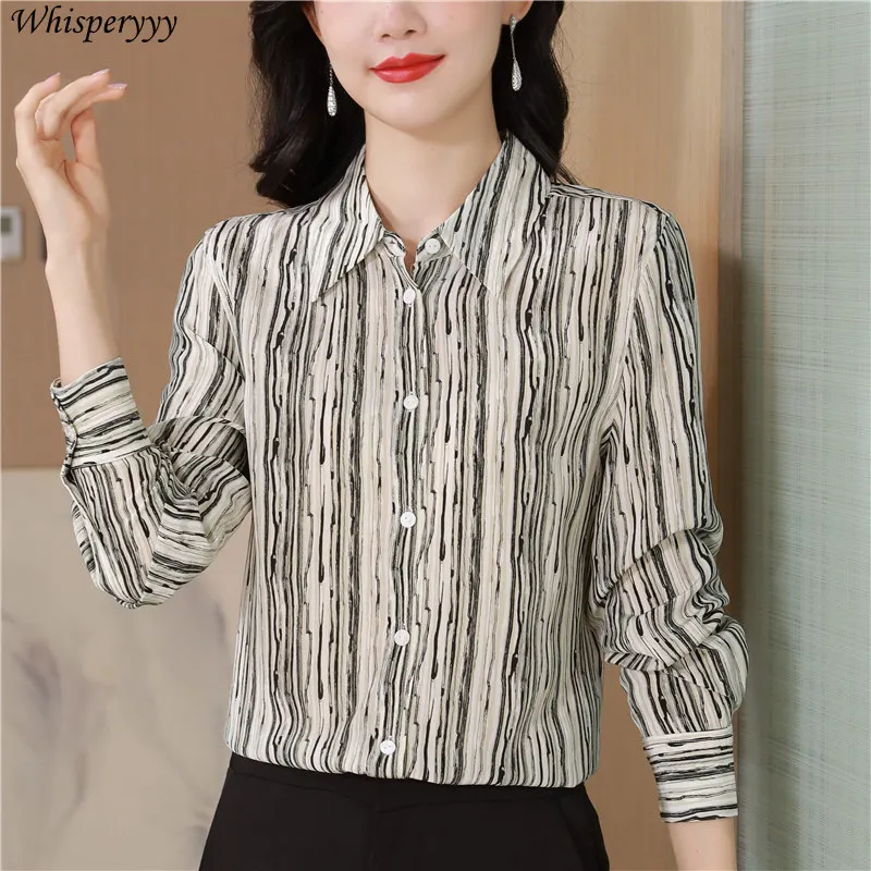 Blouses for Women Fashion Spring New Printed Loose Long-sleeved Striped Tops Female Turn-down Collar Single-breasted Shirt