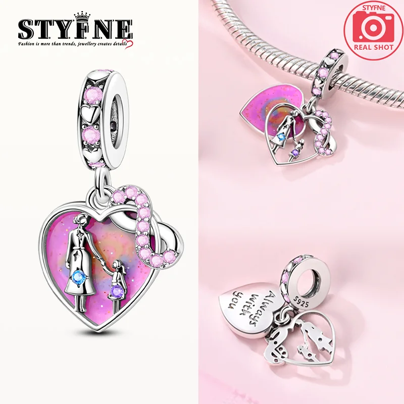 Charms Plata 925 Pink Parent-child Heart-shaped Pendants Fit Original 925 Bracelets Charms for Women Jewelry DIY Making Gifts