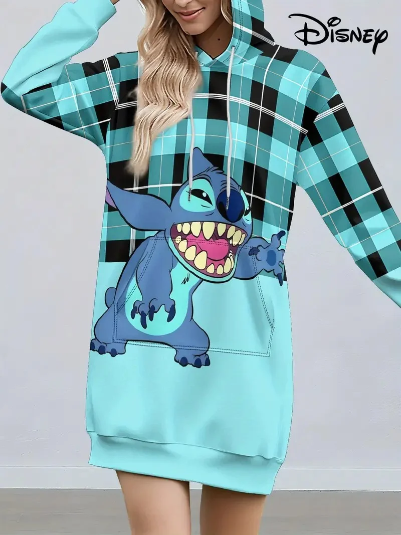 

2026 Disney Brand Stitch Cartoon Long Hoodie Autumn New Mini Sexy Long Sleeved Dress Korean Fashion Elegant Ladies Party