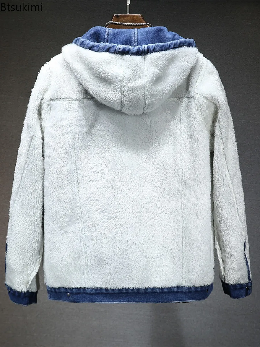 Thicker Winter Jackets Men's Warmer Hooded Denim Lambswool Hooded Padded Denim Jacket Imitation Lamb Wool Fleece Male Clothes