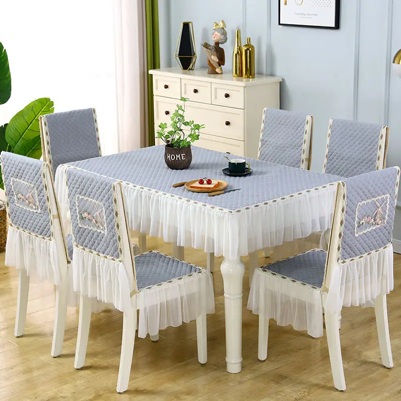 New Dining Table Chair Cover 6 Pieces Non-slip Thicken One-piece Chair Cover Rectangular Cotton Tablecloth Restaurant Decor Set