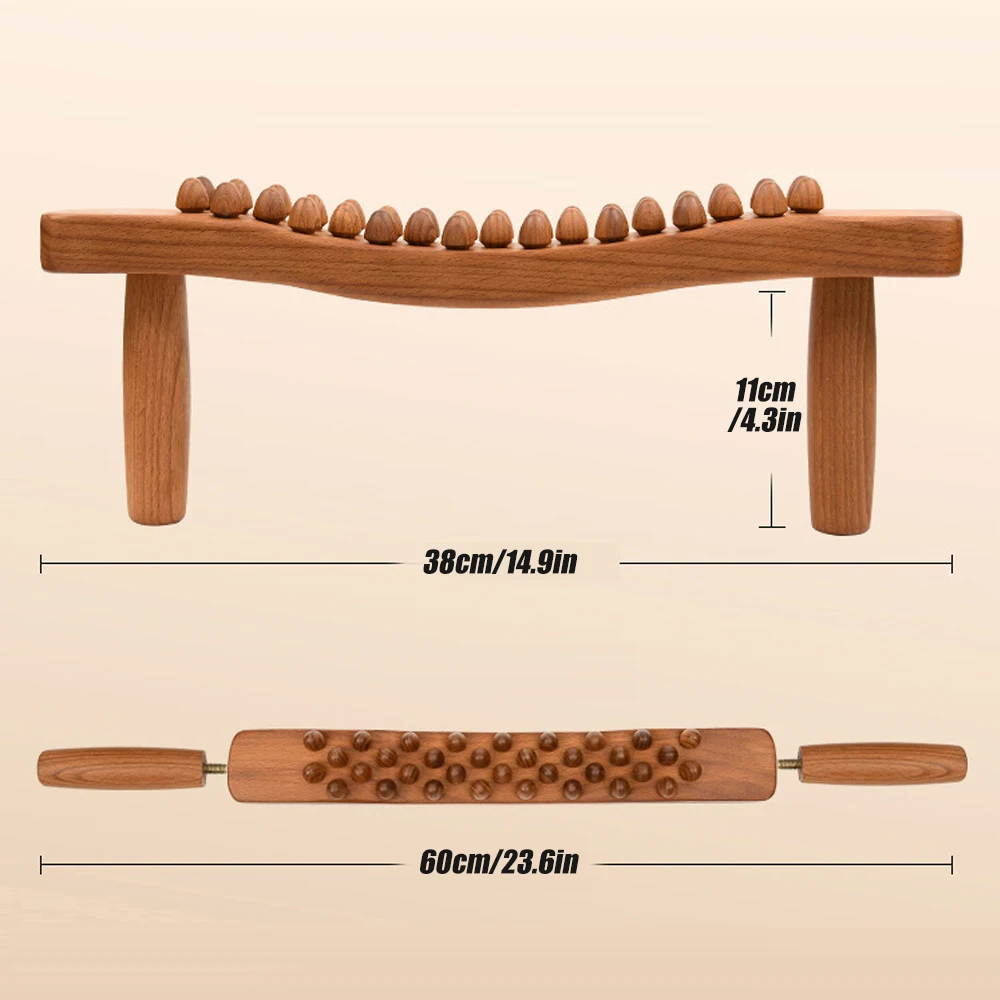 Mountable 34 Beads Wood Therapy Massage Roller Stick for Lymphatic Drainage, Body Sculpting, Ease Neck Back Waist and Leg Pain