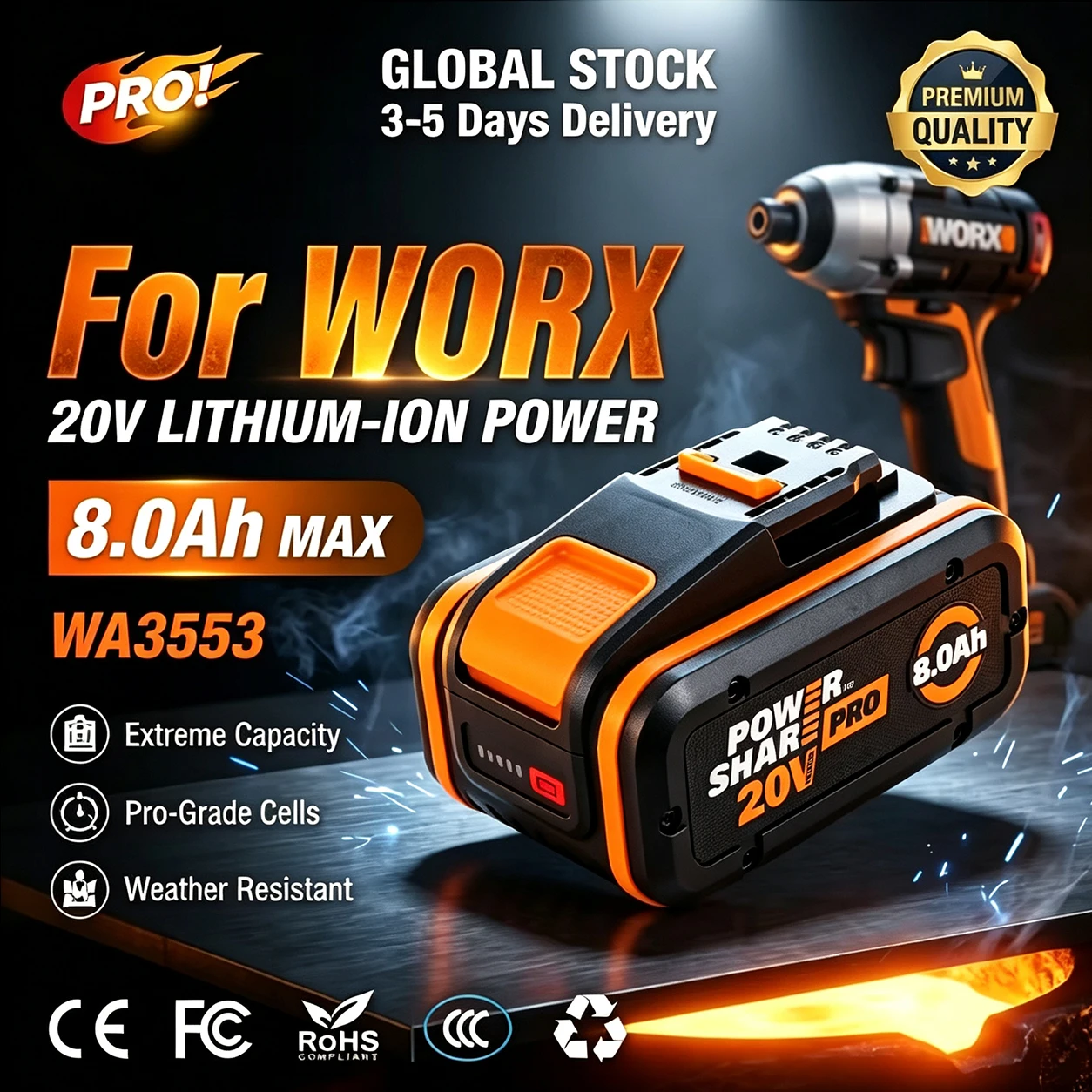 Original Worx 20V, 8,0Ah Hochleistungs-Lithium-Ionen-Akku, WA3553 WA3551 WA3553.1 WA3570, geeignet für Worx Elektroschrauber und Schlagbohrmaschinen.