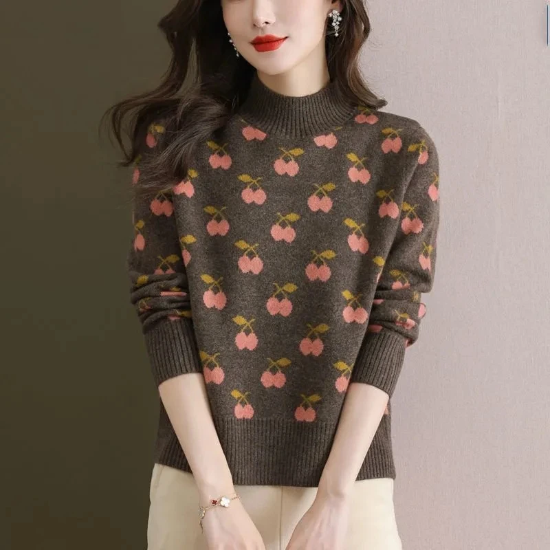 Women Clothing High-quality Wool Sweater Half High Collar Jacquard Knit Casual Loose Tops Female Winter Simple Fashion Jumper