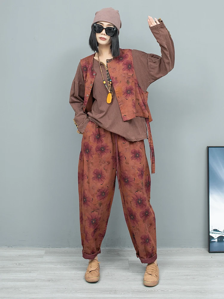 Artistic Vintage Flower Pattern Short Cardigan Vest + Harem Pants Two-piece Set Women 2024 Autumn Loose Fashion Pant Set ZF186