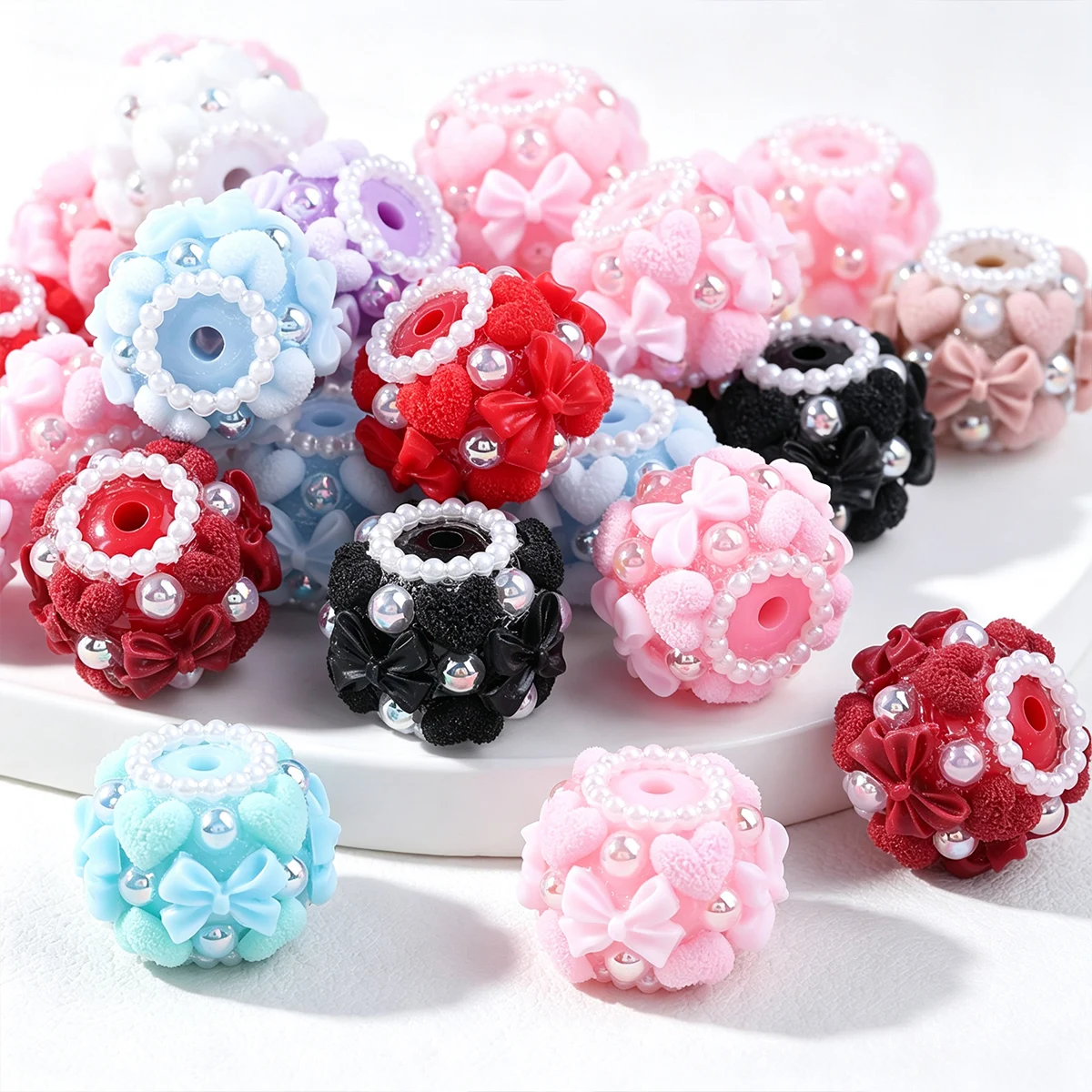20mm 3/5/10Pcs Multicolor Round Bow Resin Beads for Making DIY Bracelets Necklaces Keychains Various Jewelry Accessories