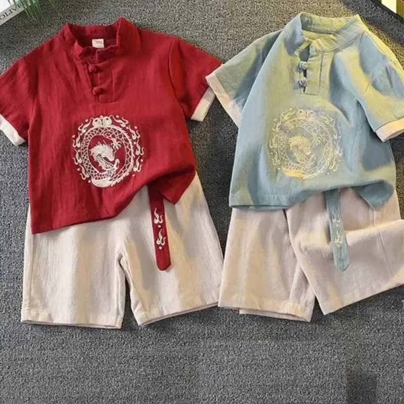 Ropa Tradicional Infantil, Traje de Manga Corta y Pantalones Cortos, Algodón y Lino, Bordado de Dragón, Lindo Traje de Tai Chi para Bebé, Hanfu para Niños