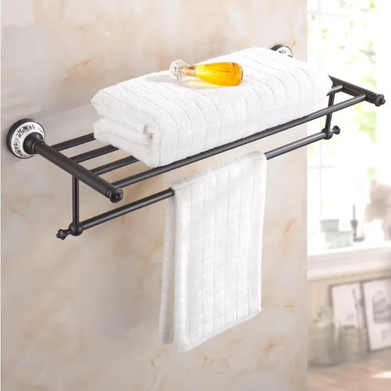 Ceramic Series Black Bronze Copper Bathroom Pendant, Towel Bar and Tempered Glass Shelf for Hotel