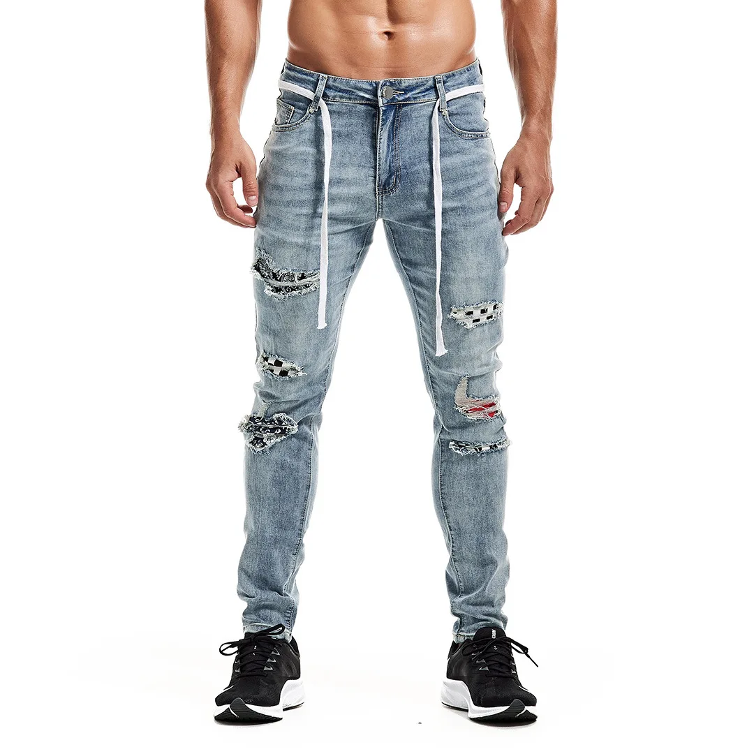 

New Mens Denim Pants with Holes Trendy Black Slim Fit Denim Small Leg Pants for Men