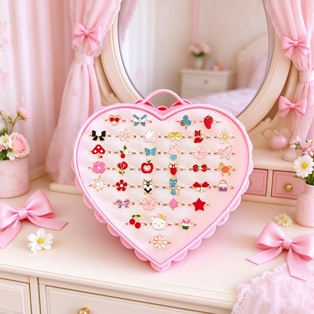 36PCS Girls Cartoon Adjustable Rings Set with Bow Heart-Shaped Gift Box, Colorful Flower Fruit Animal Jewelry, Birthday Gift