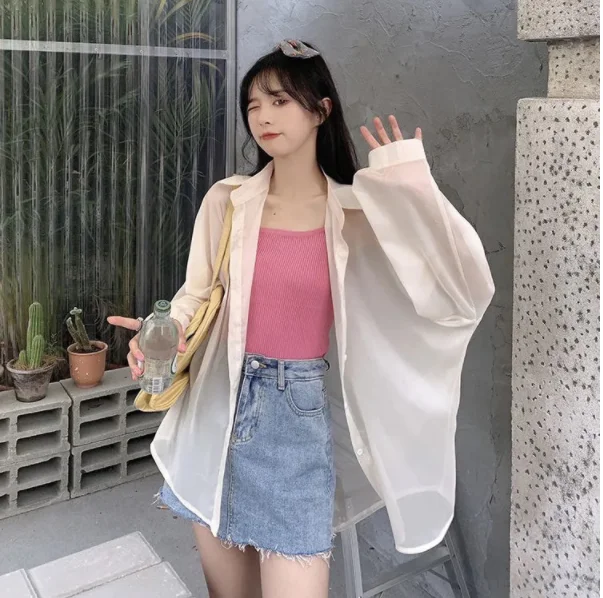 2023 Shirts for Women Long Sleeve Female Chiffon Loose Tops Summer Thin Sexy Solid Casual Shirts New Sunscreen Clothing