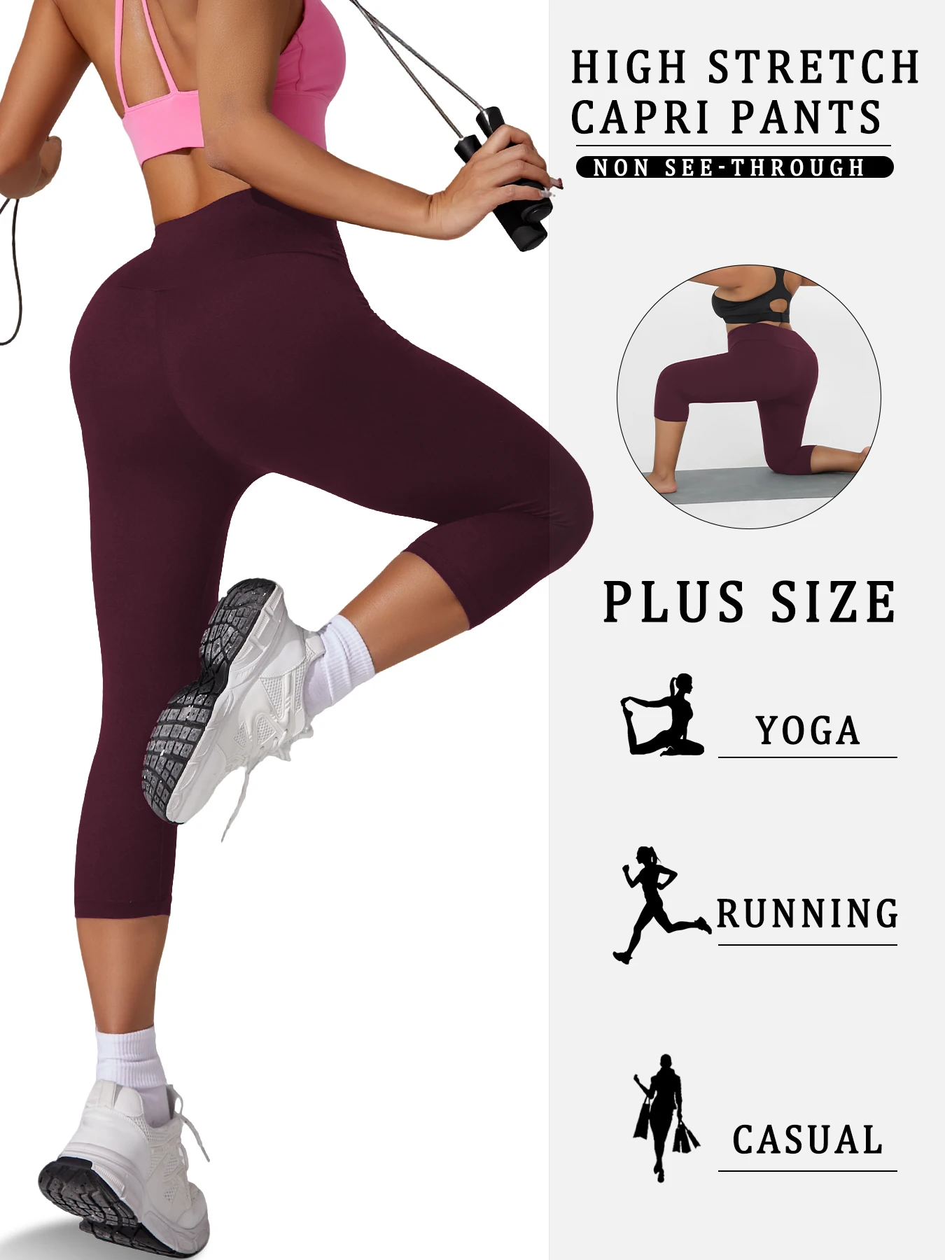 Plus Size Women's High Waisted Capri Pants Super Soft Tummy Control No See Through Workout Yoga Running Athletic Leggings