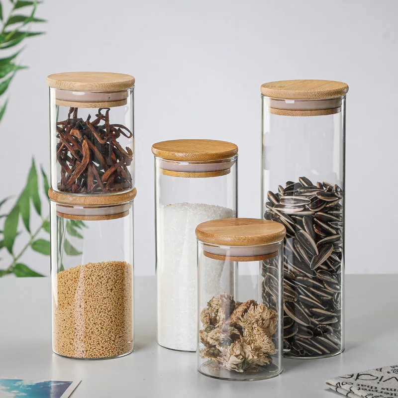 

Spice jar porcelain spice jar, bamboo cover glass sealed jar wholesale home food grade glass tea jar, kitchen cereal storage jar