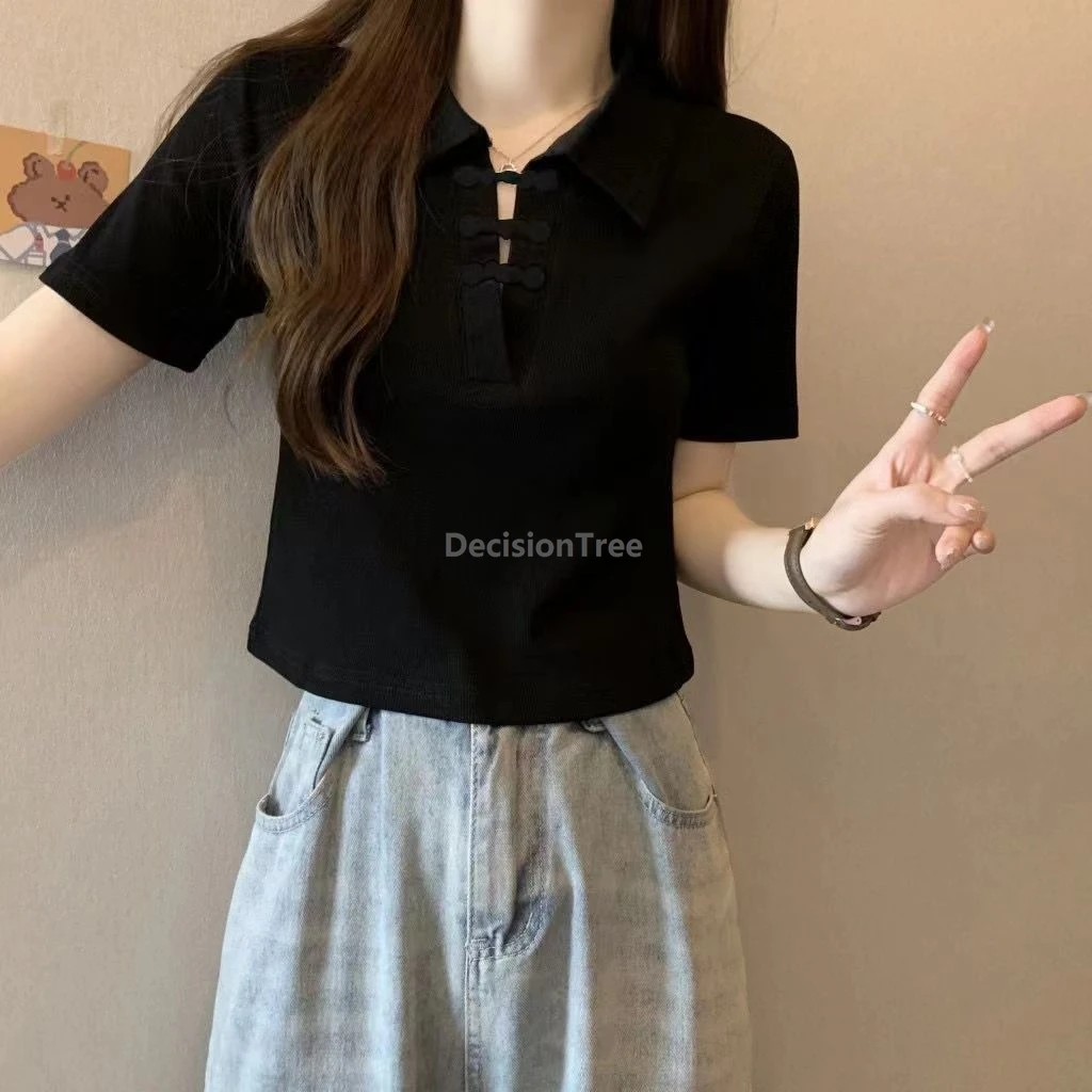 New Popular Fashionable Chinese Style Tang Suit Top Women Turn-down collar Polo Shirt Summer Buckle Short Sleeve Top