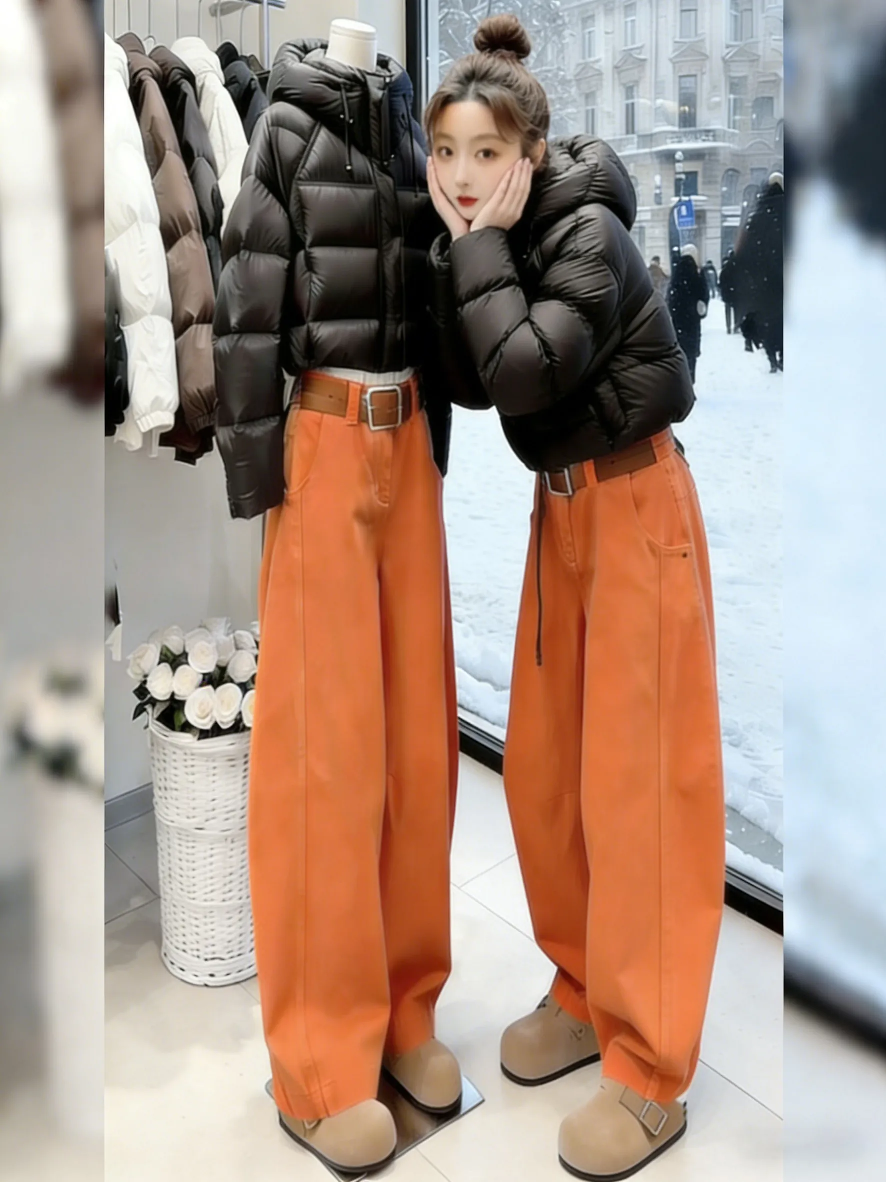 

Стильные повседневные джинсы с широкими штанинами и флисовой подкладкой, оранжевые, женские, свободного кроя, буткат, осенне-зимние, с высокой талией